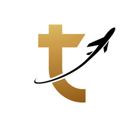 Gold and Black Lowercase Letter T Icon with an Airplane