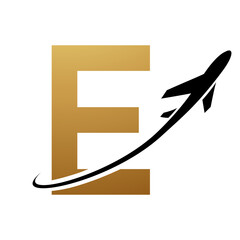 Gold and Black Uppercase Letter E Icon with an Airplane