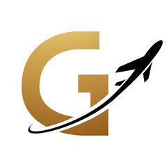 Gold and Black Uppercase Letter G Icon with an Airplane