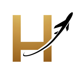 Gold and Black Uppercase Letter H Icon with an Airplane