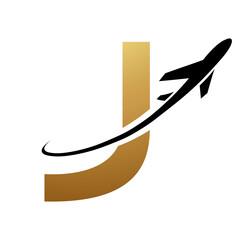 Gold and Black Uppercase Letter J Icon with an Airplane