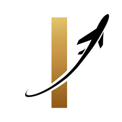 Gold and Black Uppercase Letter I Icon with an Airplane