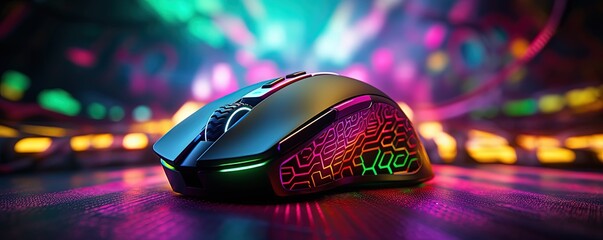 close up black mouse on table desk with rainbow glow light, idea for gaming gear mouse, Generative Ai	
 - Powered by Adobe
