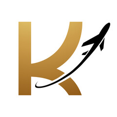 Gold and Black Uppercase Letter K Icon with an Airplane