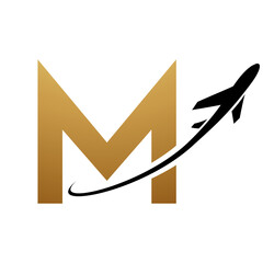 Gold and Black Uppercase Letter M Icon with an Airplane
