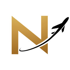 Gold and Black Uppercase Letter N Icon with an Airplane