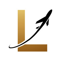 Gold and Black Uppercase Letter L Icon with an Airplane