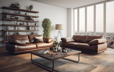 Modern living room with leather furniture. Generative AI