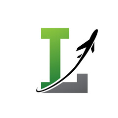 Green and Black Antique Letter L Icon with an Airplane