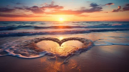 Fotobehang Donkerbruin heart shaped beach on sunset