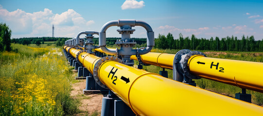 Yellow industrial pipelines for transporting hydrogen gas, sunny green landscape around. Generative AI