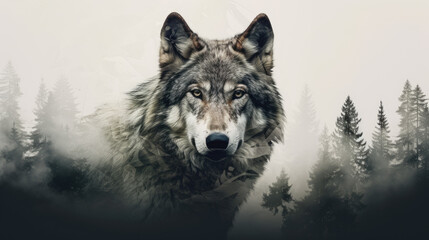 Portrait of adult wolf on forest and white background