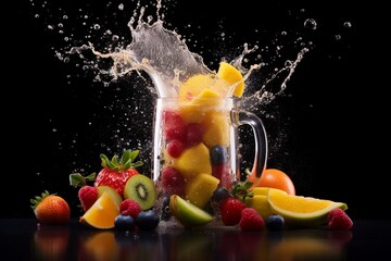 Blender with fruit, juice, and splash on black background. Generative AI