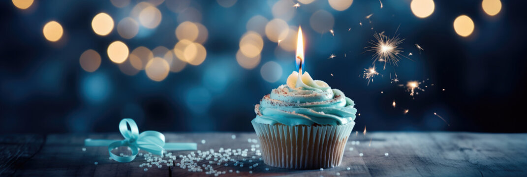 Blue Birthday Cup Cake Background Image with copy space