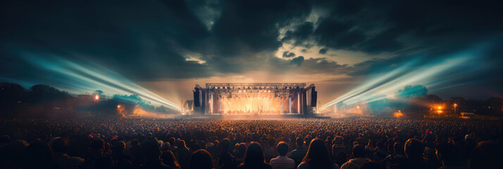 open air festival  with light show and many concert visitors or audience - obrazy, fototapety, plakaty