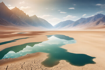 landscape with mountains and a lake with very low water level, environment concept, generative ai	