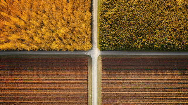 Generative AI, Farm autumn landscape, agricultural fields, beautiful green, yellow, orange and beige countryside, country road. Nature Illustration, photorealistic top view drone. © DELstudio