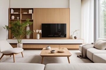 Fototapeta na wymiar Modern minimalist living room with natural neutral colors design