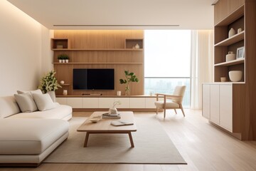 Fototapeta na wymiar Modern minimalist living room with natural neutral colors design