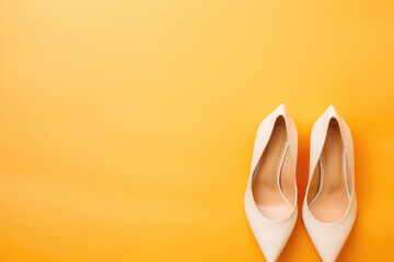 Orange background with woman's shoes: Top view of white heels on a bright yellow background with copy space for customization.