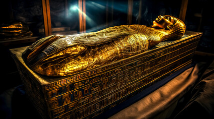 gold mummy in a sarcophagus in an ancient tomb - obrazy, fototapety, plakaty
