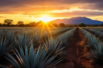 Field of agave for distilling mezcal and tequila. Generative AI - obrazy, fototapety, plakaty