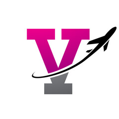 Magenta and Black Antique Letter V Icon with an Airplane