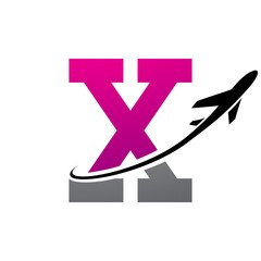 Magenta and Black Antique Letter X Icon with an Airplane