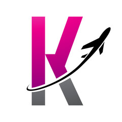 Magenta and Black Futuristic Letter K Icon with an Airplane