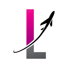 Magenta and Black Futuristic Letter L Icon with an Airplane
