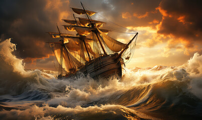 Obraz premium Majestic Vessel Confronting the Overwhelming Might of a Tempestuous Ocean - Generative AI