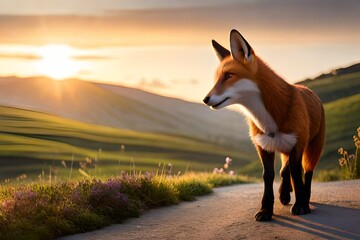 red fox vulpes standing in the field - obrazy, fototapety, plakaty