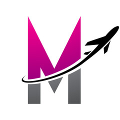 Magenta and Black Futuristic Letter M Icon with an Airplane