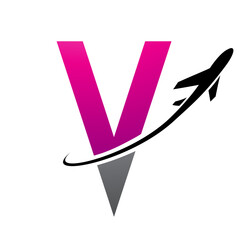 Magenta and Black Futuristic Letter V Icon with an Airplane