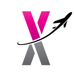 Magenta and Black Futuristic Letter X Icon with an Airplane