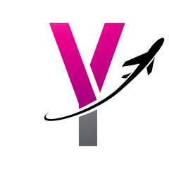 Magenta and Black Futuristic Letter Y Icon with an Airplane