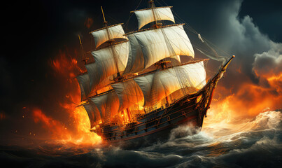 Obraz premium Majestic Vessel Confronting the Overwhelming Might of a Tempestuous Ocean - Generative AI