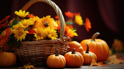 Still life of pumpkins and flowers in a wicker basket, generative ai