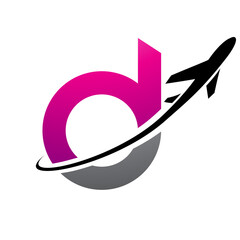 Magenta and Black Lowercase Letter D Icon with an Airplane