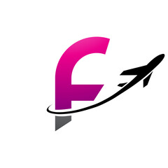 Magenta and Black Lowercase Letter F Icon with an Airplane
