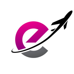 Magenta and Black Lowercase Letter E Icon with an Airplane