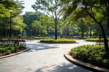 Beautiful park area with seating. Generative AI