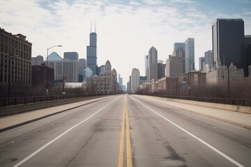 Fototapeta na wymiar Empty road with city buildings background. Modern highway construction. Way to success. Transportation logistics. Fast delivery. Chicago, USA. Generative AI
