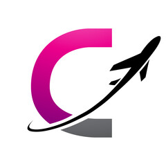 Magenta and Black Uppercase Letter C Icon with an Airplane