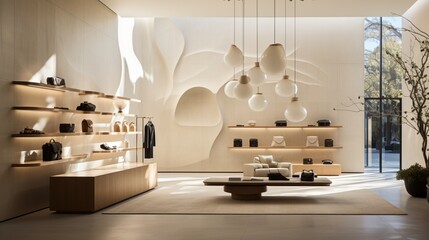 A minimalist, high-end retail space showcasing designer products.