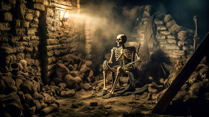 skeleton sitting on a chair in an old brick cellar - obrazy, fototapety, plakaty