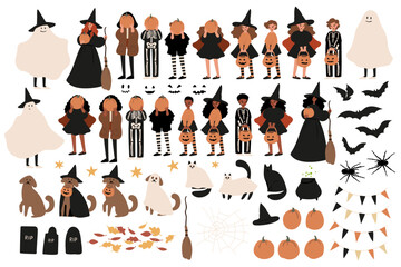 Halloween party clipart, Characters in costume vector illustration, Cute october festival scene poster print, Flat style images, kids witch ghost skeleton pet cat dog clip art