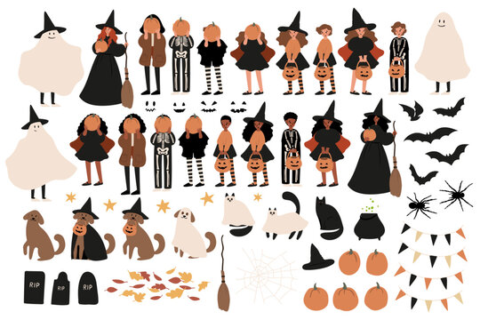 Halloween party clipart, Characters in costume vector illustration, Cute october festival scene poster print, Flat style images, kids witch ghost skeleton pet cat dog clip art