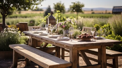 Fototapeta na wymiar A rustic wooden table set up for a farm-to-table dining experience.
