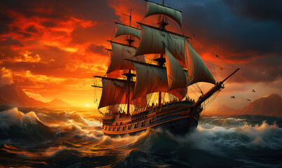 Obraz premium Majestic Vessel Confronting the Overwhelming Might of a Tempestuous Ocean - Generative AI